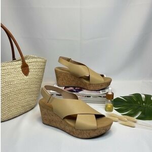 ✨X Appeal NEW Womens Tan Cross Strap Cork Wedge Sandals Ankle Strap Size 8.5